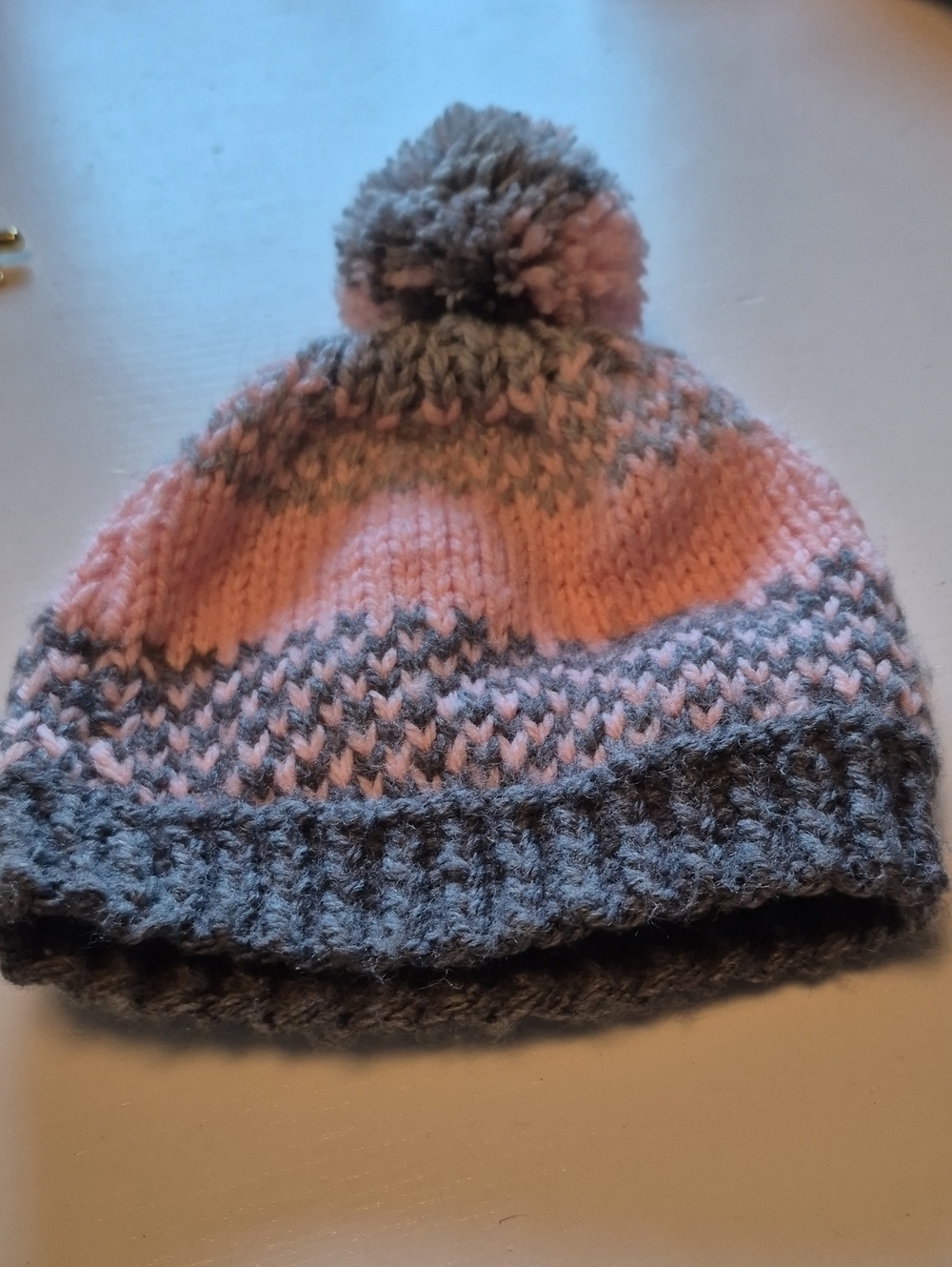 Kids Pink & Gray Pom Pom Knit Beanie